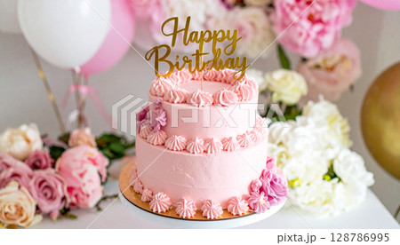 風船とバースデーケーキ 128786995