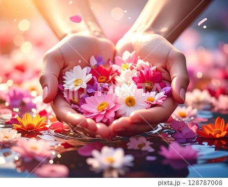 ピンクの花を手に取る ピンクの花を手に取る 128787008