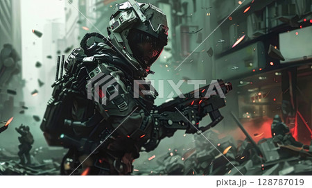 A futuristic soldier stands amidst urban ruins, ready for action. 128787019