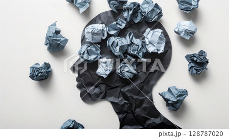 Explore the concept of tangled thoughts through crumpled paper art in silhouette form 128787020