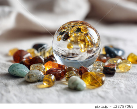 水晶玉とキラキラ光る天然石　AI画像 128787069