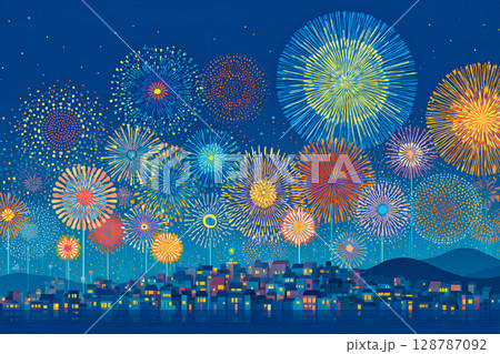 花火が綺麗な街並み 128787092