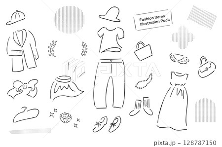 レディースの春夏ワードローブの手描きイラスト詰め合わせ_アパレル＆小物_線画 128787150