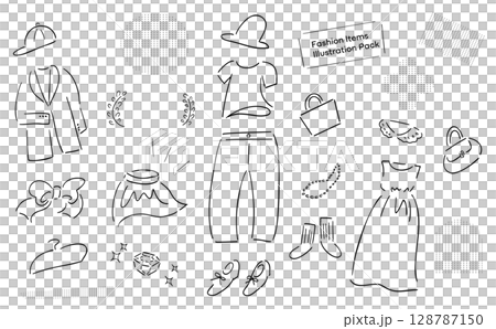 レディースの春夏ワードローブの手描きイラスト詰め合わせ_アパレル＆小物_線画 128787150