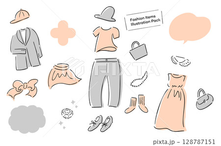 レディースの春夏ワードローブの手描きイラスト詰め合わせ_アパレル＆小物_ペールカラー 128787151