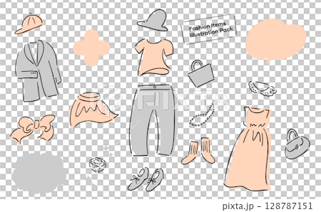 Hand-drawn illustrations of women's spring and summer wardrobe_Apparel & accessories_Pale colors Hand-drawn illustrations of women's spring and summer wardrobe_Apparel & accessories_Pale colors 128787151