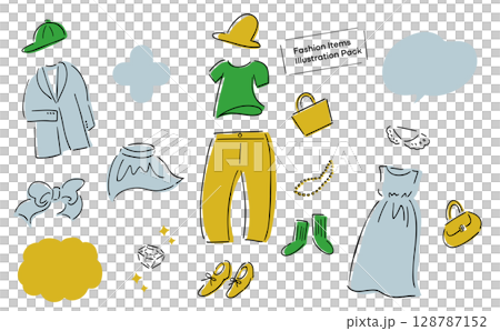 レディースの春夏ワードローブの手描きイラスト詰め合わせ_アパレル＆小物_ナチュラルカラー 128787152