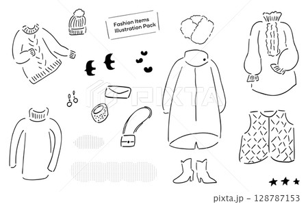 レディースの秋冬ワードローブの手描きイラスト詰め合わせ_アパレル＆小物_線画 128787153