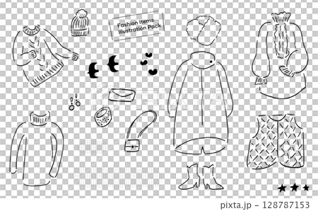 レディースの秋冬ワードローブの手描きイラスト詰め合わせ_アパレル＆小物_線画 128787153