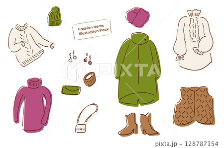 レディースの秋冬ワードローブの手描きイラスト詰め合わせ_アパレル＆小物_アースカラー 128787154