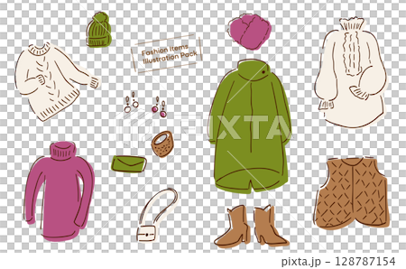 女裝秋冬衣櫥手繪插畫_服飾配件_大地色系 128787154