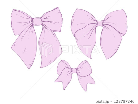 Set of wide pink textile bows coquette from satin and silk ribbons. Illustration hand-drawn with ink in line art style graphics. For women, girls, holidays, decoration, accessories and gifts. Set of wide pink textile bows coquette from satin and silk ribbons. Illustration hand-drawn with ink in line art style graphics. For women, girls, holidays, decoration, accessories and gifts. 128787246