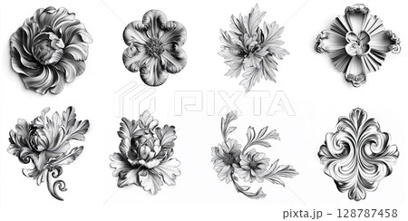 3D rendering of floral collection, Nine black and white flower designs, Intricate floral swirl patterns, Decorative floral artwork, Elegant curved flower elements 128787458