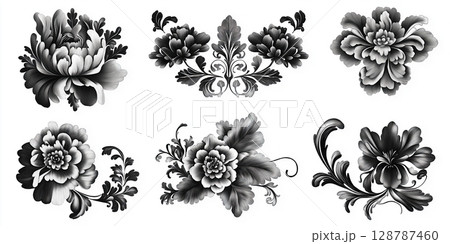 3D rendering of floral collection, Nine black and white flower designs, Intricate floral swirl patterns, Decorative floral artwork, Elegant curved flower elements 3D rendering of floral collection, Nine black and white flower designs, Intricate floral swirl patterns, Decorative floral artwork, Elegant curved flower elements 128787460