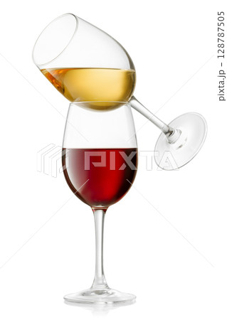 Red and white wine glasses isolated on white background Red and white wine glasses isolated on white background 128787505