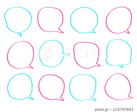 手書き風線の吹き出し　セット　線のみ　ピンク・水色 128787601