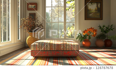 Colorful ottoman in sunlit room by a large window. Vases with flowers enhance the cozy ambiance 128787678