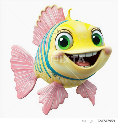 Cartoon illustration of colorful fish, Yellow fish with blue stripes, Fish with pink tail and green eyes, Smiling cartoon fish character, Cute aquatic animal artwork 128787954
