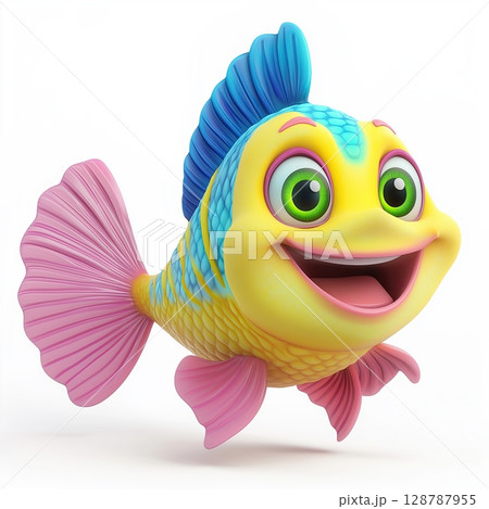 Cartoon illustration of colorful fish, Yellow fish with blue stripes, Fish with pink tail and green eyes, Smiling cartoon fish character, Cute aquatic animal artwork 128787955