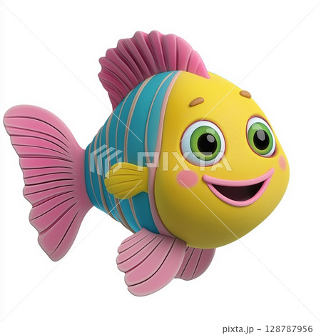 Cartoon illustration of colorful fish, Yellow fish with blue stripes, Fish with pink tail and green eyes, Smiling cartoon fish character, Cute aquatic animal artwork 128787956