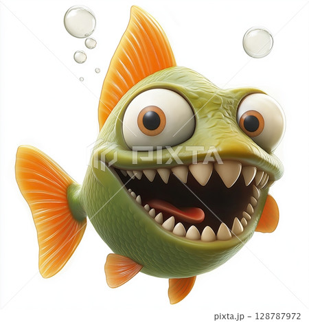 Cartoon illustration of green fish, Green fish with orange fins, Fish with wide open mouth, Sharp teeth cartoon fish design, Funny aggressive fish artwork 128787972