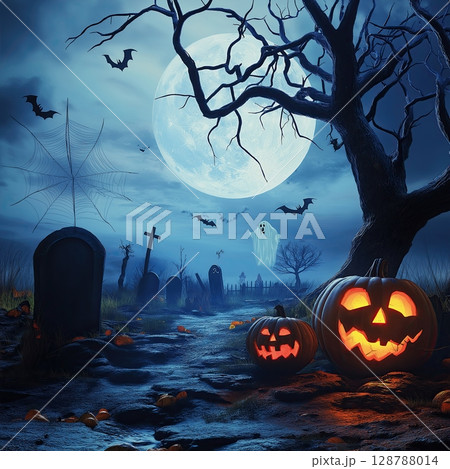 Halloween scene with full moon, Dark blue sky with bright moonlight, Spooky Halloween night illustration, Glowing full moon background, Eerie Halloween atmosphere artwork 128788014