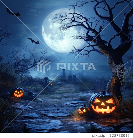 Halloween scene with full moon, Dark blue sky with bright moonlight, Spooky Halloween night illustration, Glowing full moon background, Eerie Halloween atmosphere artwork 128788015