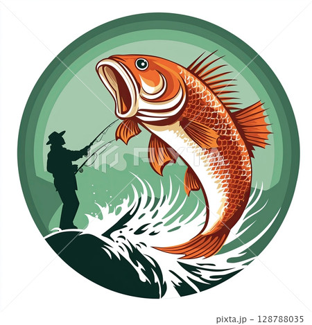 Fishing scene logo design, Emblem with large fish illustration, Orange and white fish with spiky tail, Aggressive fish logo artwork, Fish with open mouth design 128788035