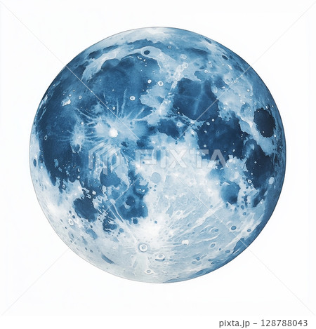 3D watercolor full moon illustration, Light blue moon with dark blue spots, Full moon in center of image, Artistic moon design in watercolor style, Celestial moon artwork 3D watercolor full moon illustration, Light blue moon with dark blue spots, Full moon in center of image, Artistic moon design in watercolor style, Celestial moon artwork 128788043