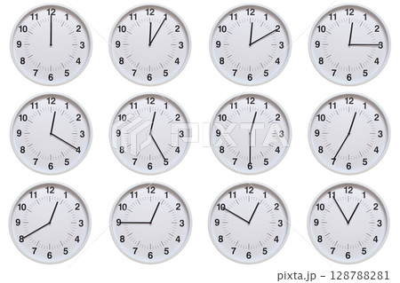 Set of white analog wall clocks showing each hour from 00:00 to 00:55 or 12:00 to 12:55, on white background. Ideal for concepts of time, scheduling. Set of white analog wall clocks showing each hour from 00:00 to 00:55 or 12:00 to 12:55, on white background. Ideal for concepts of time, scheduling. 128788281