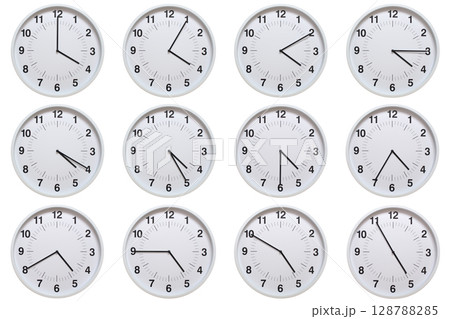 Set of white analog wall clocks showing each hour from 04:00 to 04:55 or 16:00 to 16:55, on white background. Ideal for concepts of time, scheduling. Set of white analog wall clocks showing each hour from 04:00 to 04:55 or 16:00 to 16:55, on white background. Ideal for concepts of time, scheduling. 128788285