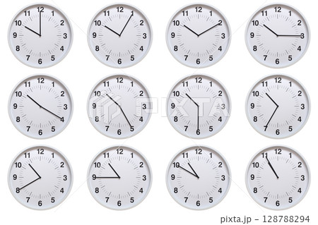 Set of white analog wall clocks showing each hour from 10:00 to 10:55 or 22:00 to 22:55, on white background. Ideal for concepts of time, scheduling. 128788294