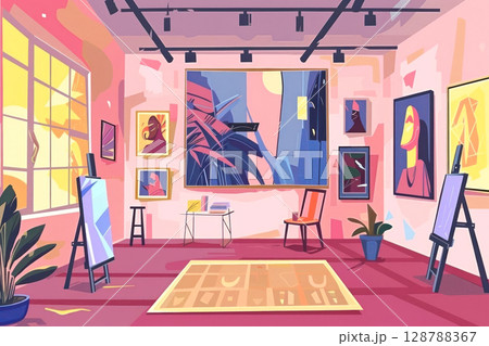 Explore an enchanting art studio filled with vibrant abstract paintings and cozy furnishings 128788367