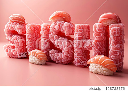 Sushi-inspired 3D typography art pops with vibrant pink textures and realistic sushi toppings 128788376