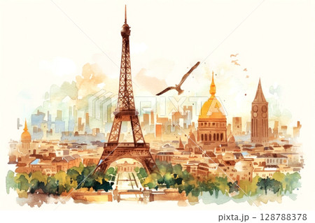 Experience Paris through art with a stunning watercolor skyline featuring iconic landmarks 128788378
