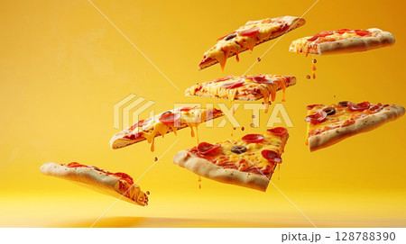 Delight in this cheesy pizza fantasy with gooey slices suspended in a savory dance 128788390