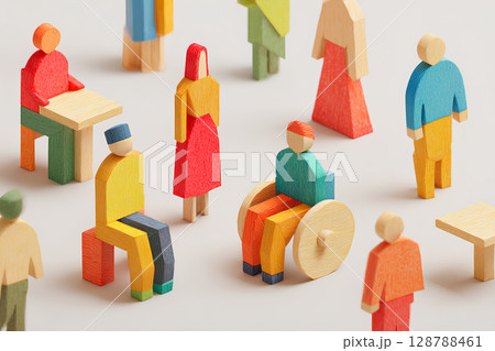車椅子に乗る人と優しい人々(木工細工) 車椅子に乗る人と優しい人々(木工細工) 128788461