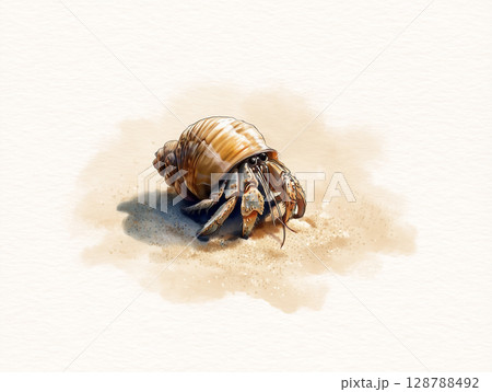 【水彩風ヤドカリのイラスト】砂浜に佇む可愛い夏の海辺のワンシーン 128788492