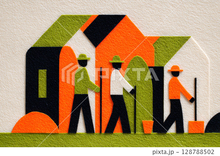 住宅と働く人たち（フェルト） 128788502