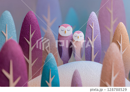 神秘的な森とフクロウのいる風景 神秘的な森とフクロウのいる風景 128788529