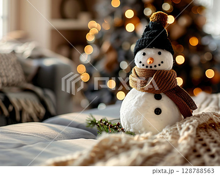 Snowman on christmas tree background. AI Generated. 128788563