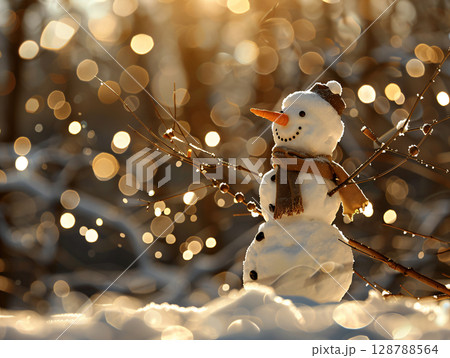 Snowman on the snowy ground with a gorgeous and classy bokeh background. AI Generated. 128788564