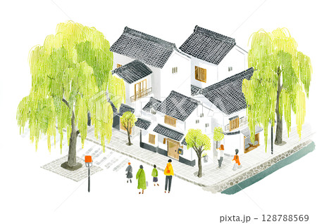 水路のある白壁の観光地 128788569