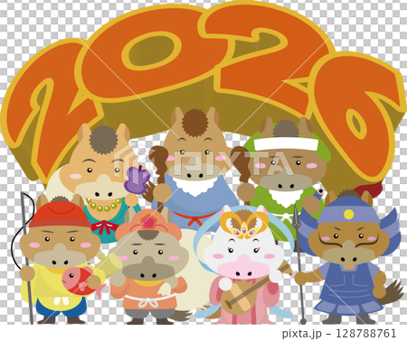 2026年 干支の馬が七福神に変身！縁起のいいお正月イラスト 128788761