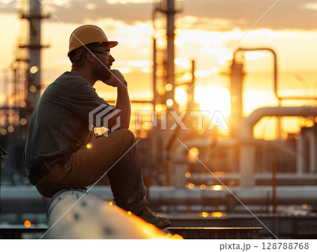 Silhouette engineer male working oil and gas power industrial factory. oil and gas power industrial factory. AI Generated. 128788768