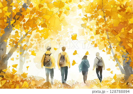 黄葉の中の散策風景（水彩画） 128788894
