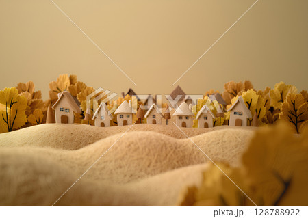 銀杏の黄葉が美しい町並み（3D） 128788922