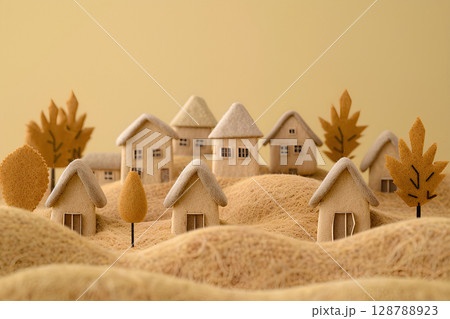 銀杏の黄葉が美しい町並み（3D） 128788923