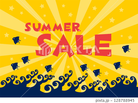 波千鳥のサマーセールイラスト（黄色放射状背景） 128788945