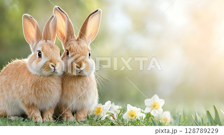 Two Adorable Rabbits Sitting Together in a Beautiful Spring Meadow with Flowers 128789229